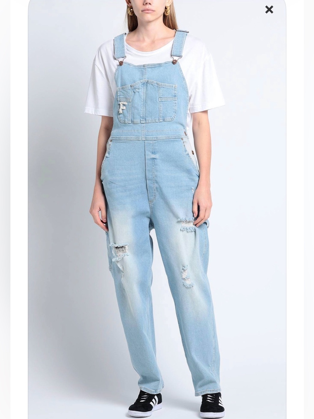 Fracomina Light Wash Distressed Denim Overalls with Heavy Rip & Rhinestones - Picture 2 of 14